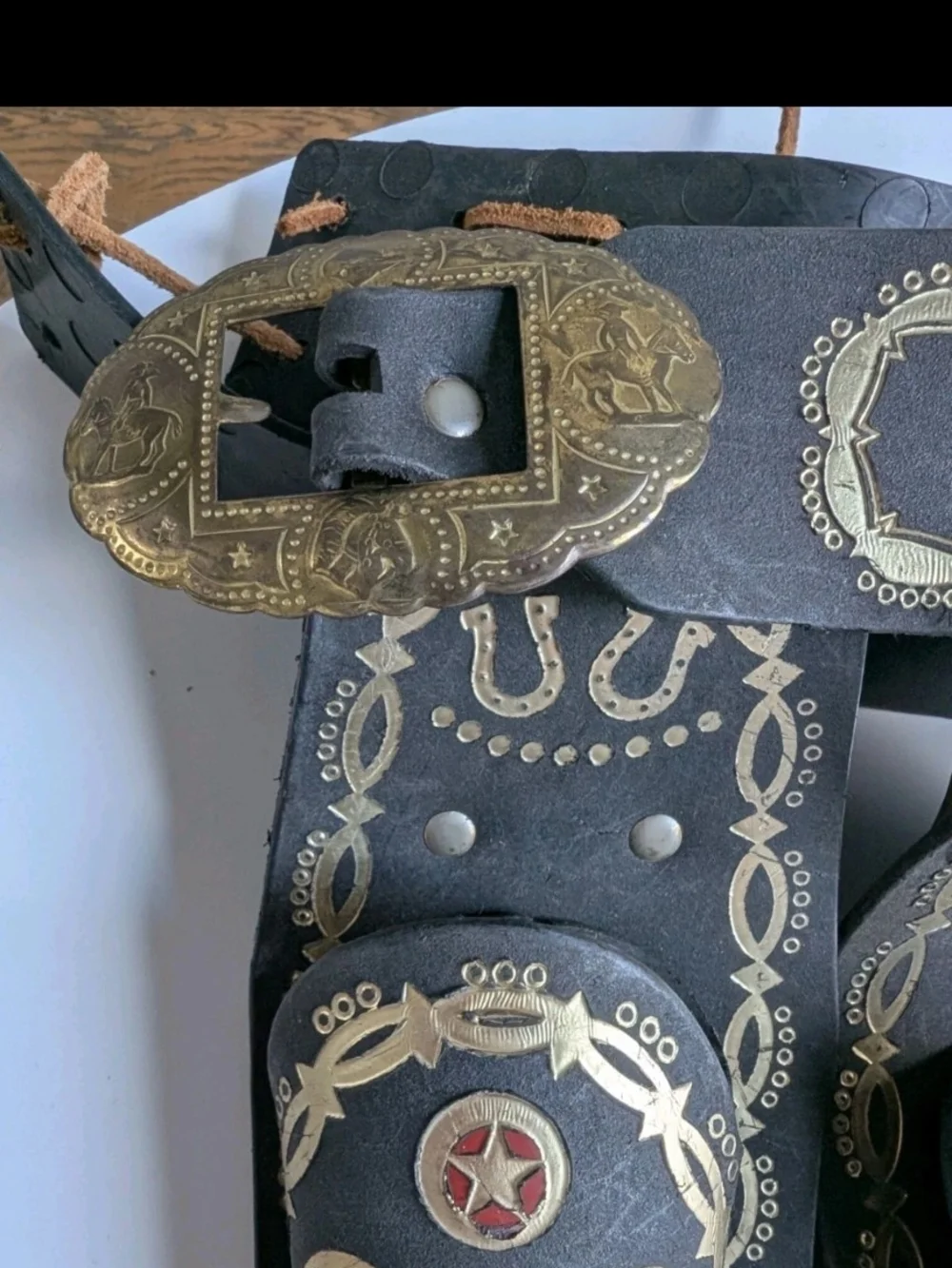 VTG Western Leather Double Holster Gun Belt Cowboy Costume Toy Gold Star Buckle